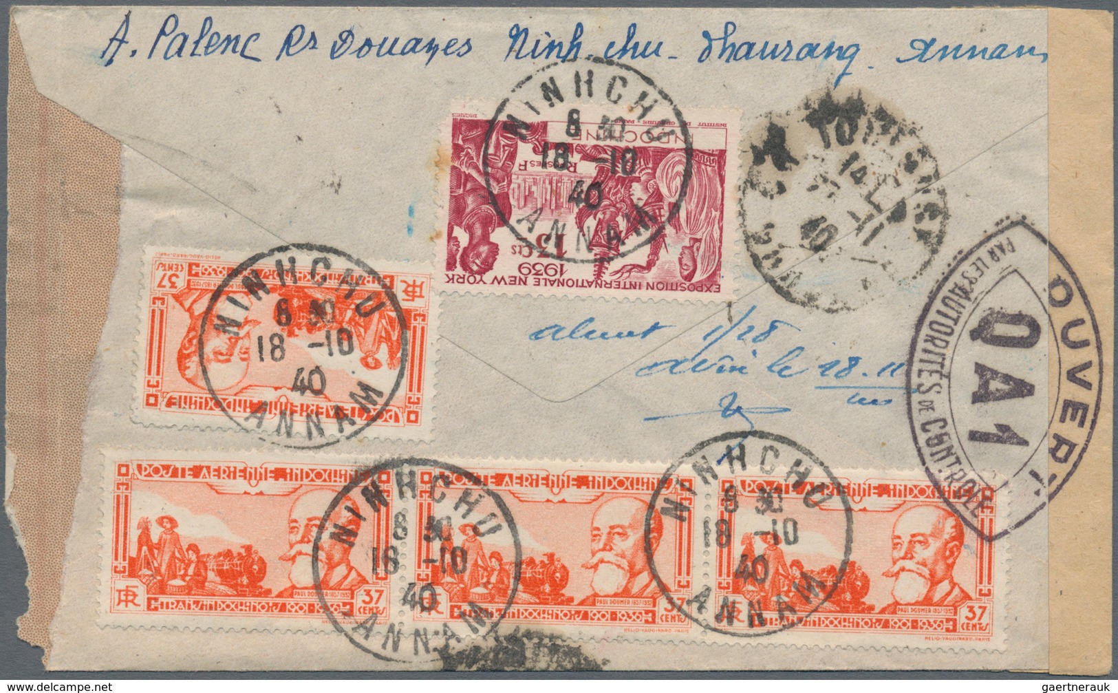 Französisch-Indochina: 1940, Doumier 37 C.(5), Exhibiton 13 C. And Def. 5 C. (this Faults) Tied "NIN - Covers & Documents