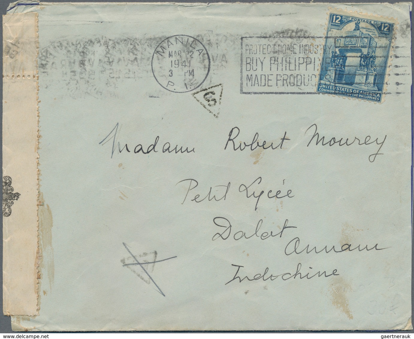 Französisch-Indochina: 1940, Two Incoming Censored Mails: KGVI 20 C. Tied "HONG KONG 13 FE 40" To Ha - Cartas & Documentos