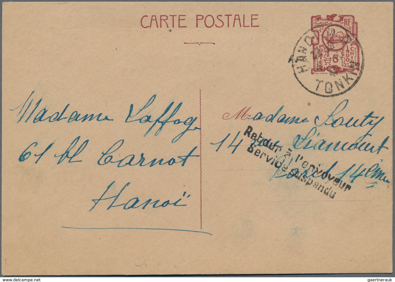 Französisch-Indochina: 1941. French Indo-China Pasta Stationery Card '8 Cents' Purple Cancelled By H - Lettres & Documents