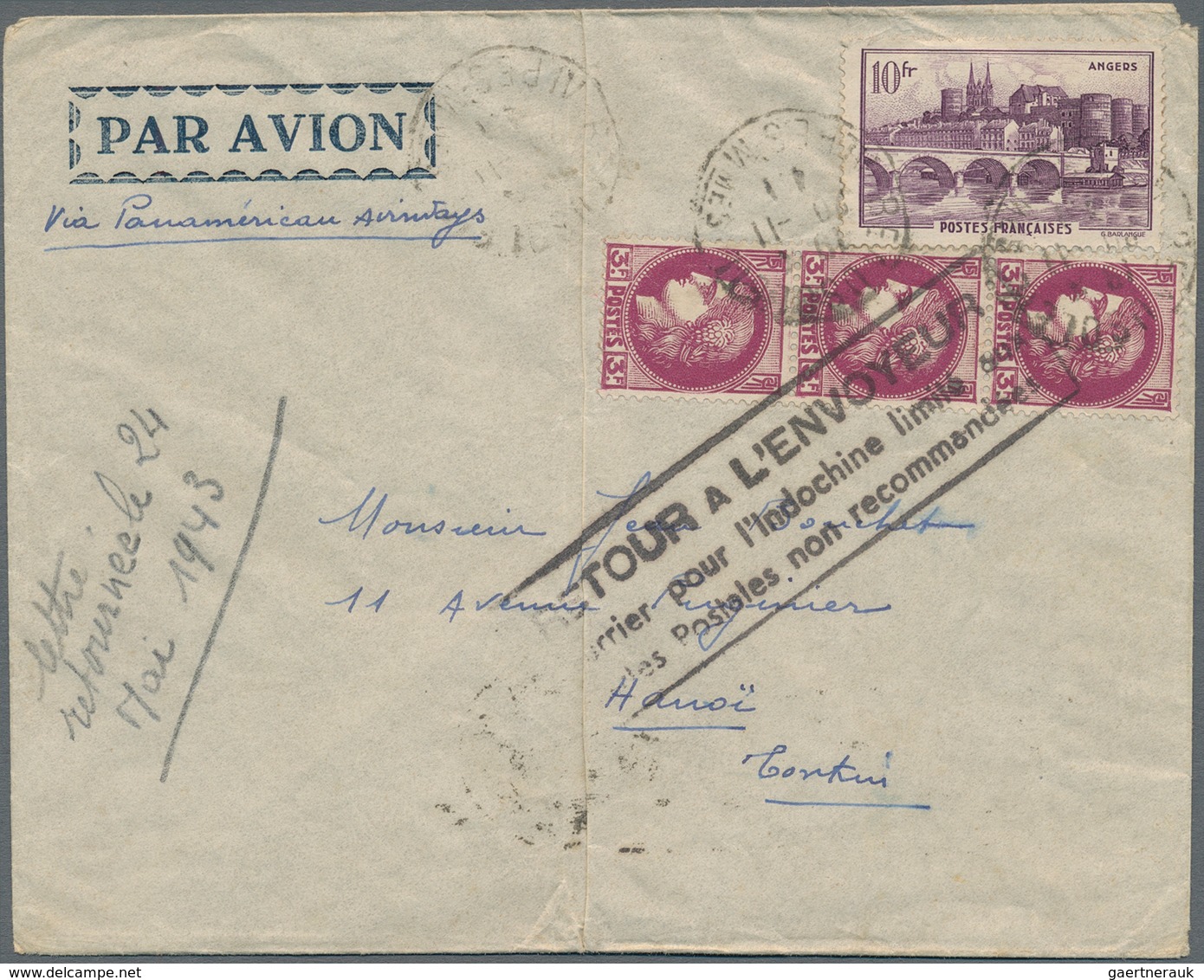 Französisch-Indochina: 1941/43, Inbound Air Mail Cover At 19 Fr. Rate Via USA Canc. "BEAUSOLEIL 20-1 - Brieven En Documenten