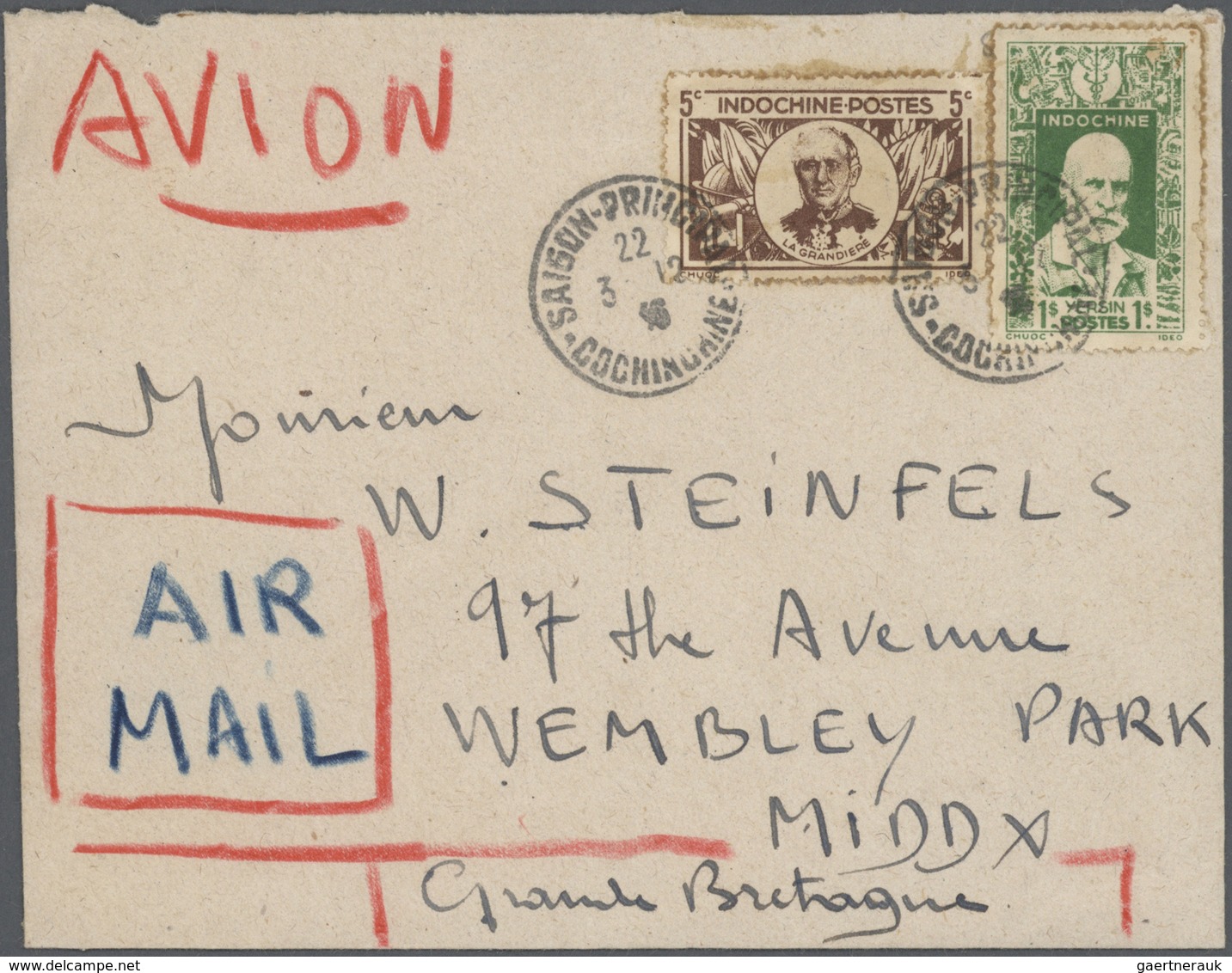 Französisch-Indochina: 1946 (Dec 3). Airmail Cover To England Franked With French Indochina 5 C La G - Cartas & Documentos