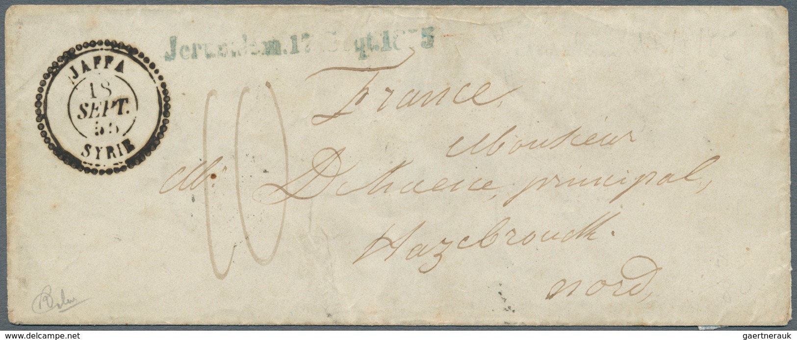 Holyland: 1855, "JAFFA SYRIE 18/SEPT/55" Black Cds. Of French Levant Post Office On Small Envelope W - Palestine