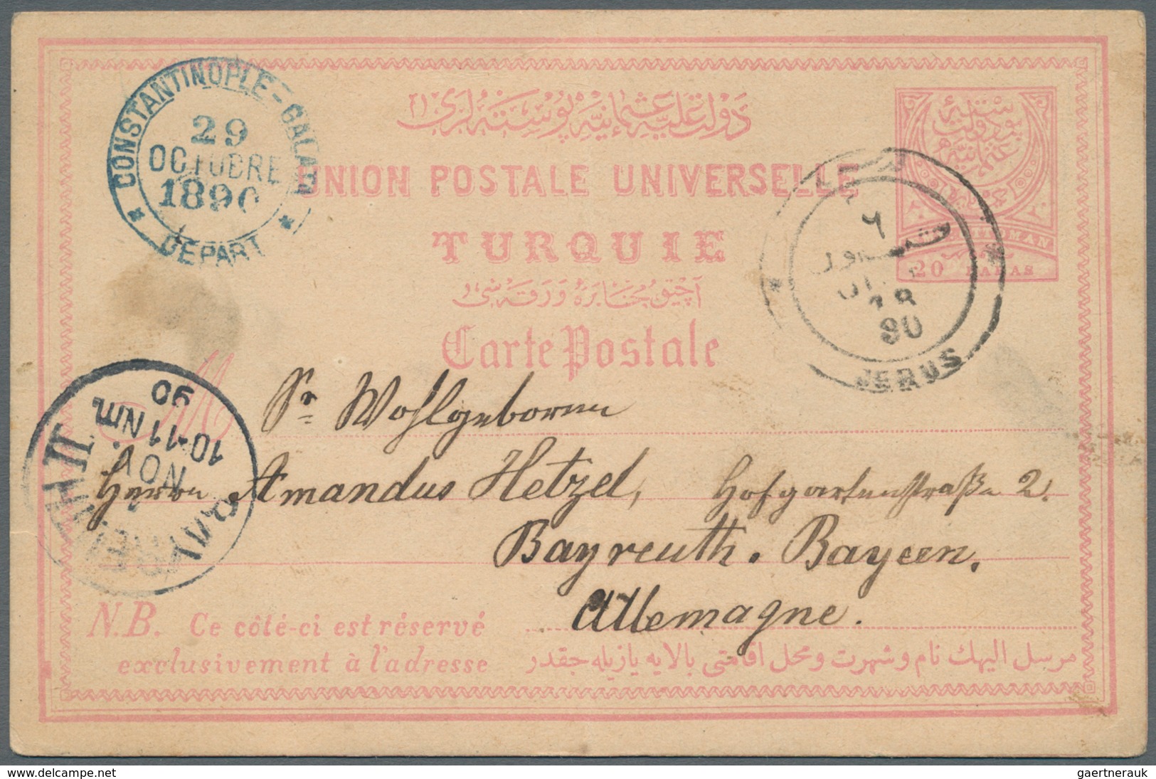 Holyland: 1890, “JERUS OCT/1890” Cds. (Coles Walker No.3) On Postal Stationery Card 20 Para Rose, Vi - Palestine