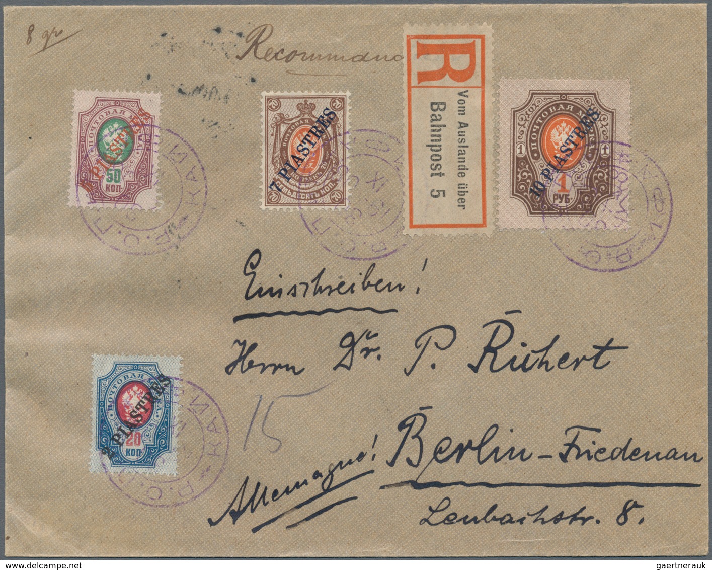 Holyland: 1908, Russian P.O. Levant : Registered Cover From Haifa Bearing 24 Piaster Rate, Each Stam - Palestine