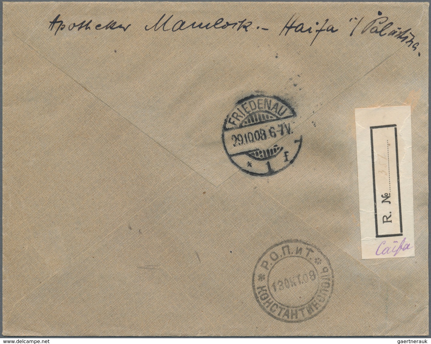 Holyland: 1908, Russian P.O. Levant : Registered Cover From Haifa Bearing 24 Piaster Rate, Each Stam - Palestina