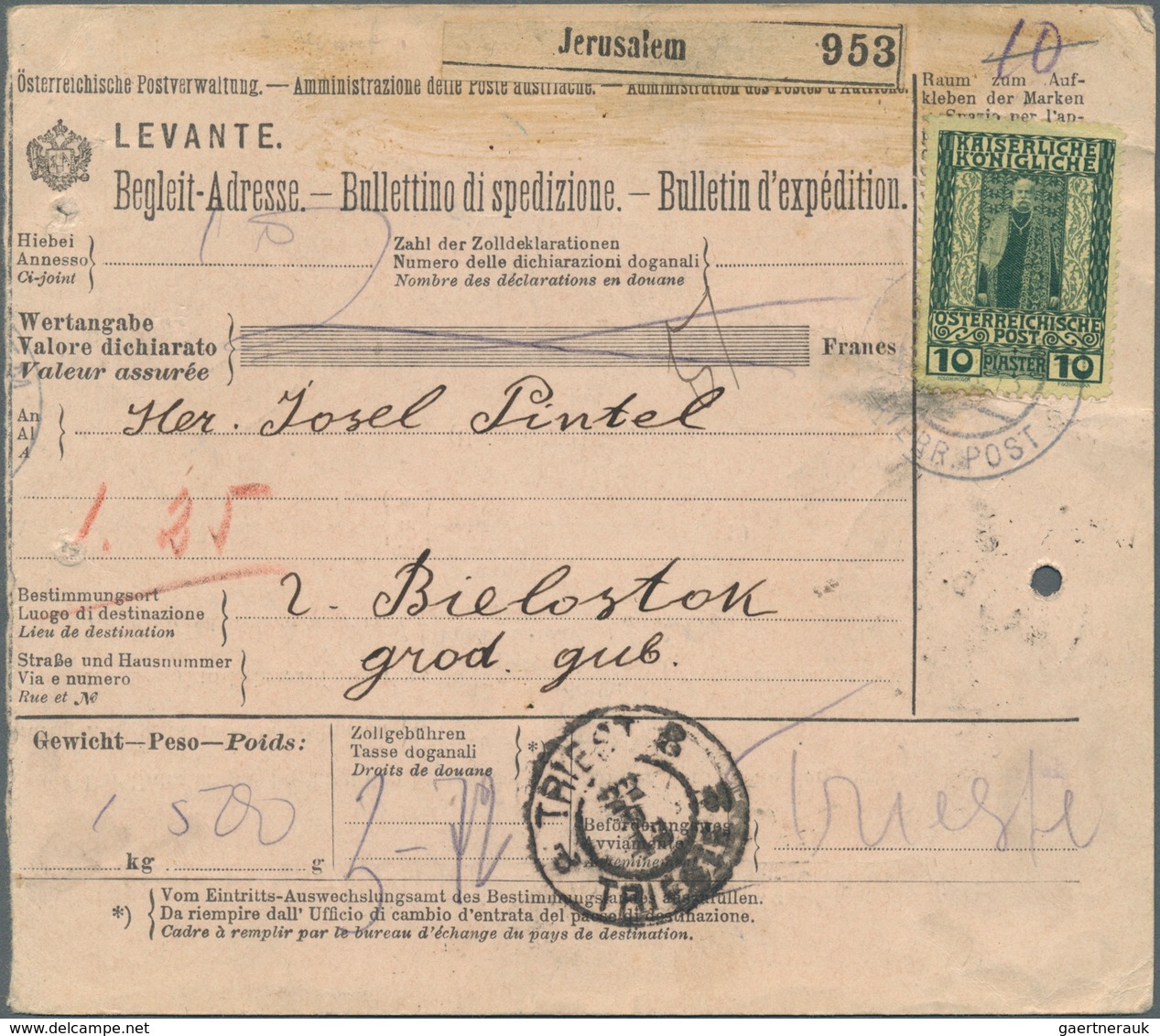 Holyland: 1913, Paket-Begleitadresse Der österr. Levante Frankiert Mit Freimarke 10 Pia. Grün Auf Ge - Palestine