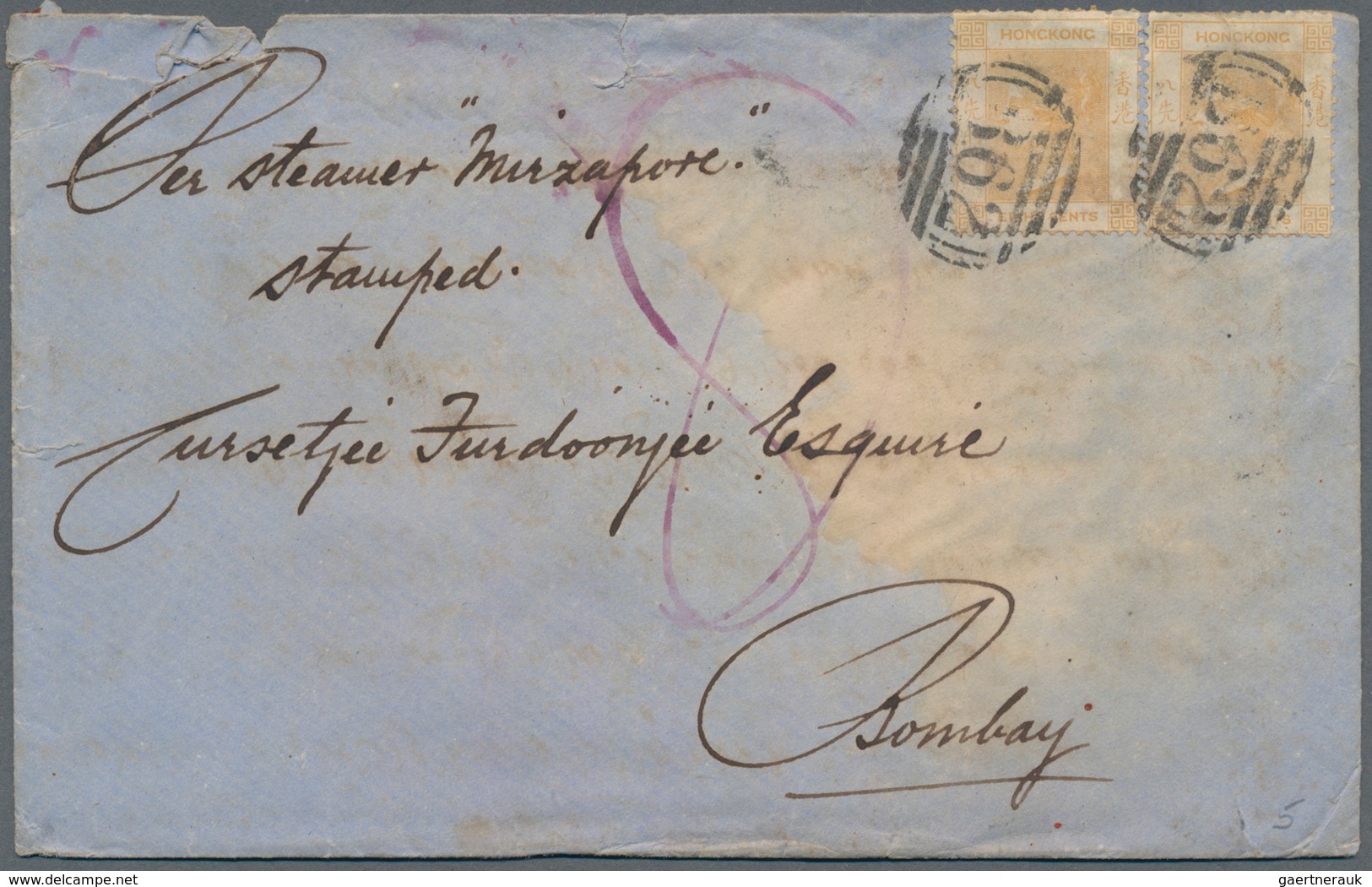 Hongkong: 1865, QV 8 C. Orange Single Frank Canc. "B62" On Cover Endorsed "PEr Steamer Emen" To Bomb - Other & Unclassified