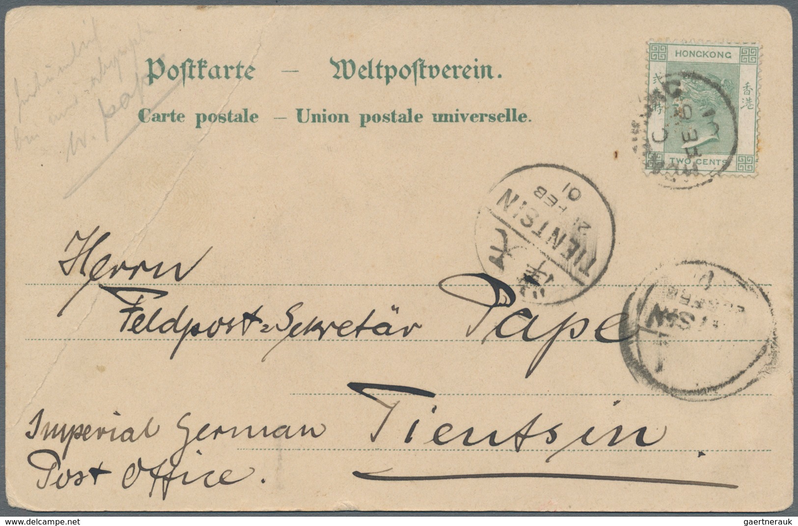 Hongkong: 1901/1905, Two Used Ppc: QV 2d. Dull Green On Ppc "HAMBURG-AMERIKA-LINIE" Sent 6.2.01 To G - Andere & Zonder Classificatie