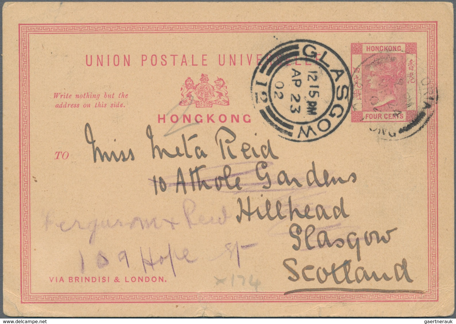 Hongkong: 1901,1902, illustrated letter with content and postcard to France respectively to Scotland