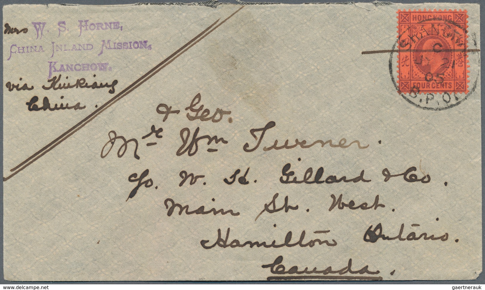 Hongkong: 1905, Envelope Addressed To Canada Written From The 'China Inland Mission, Kanchow' Endors - Sonstige & Ohne Zuordnung