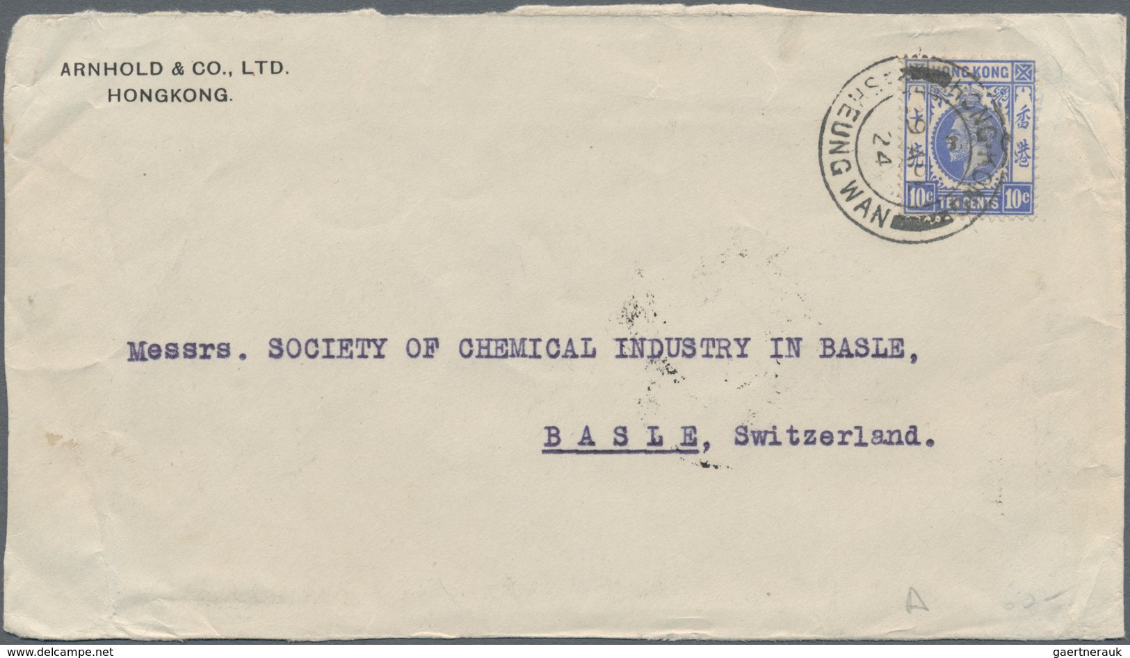 Hongkong: 1921, KGV 10 C. Tied "HONG KONG SHEUNG WAN 19 AP 24" To Front Cover To Board Of Chemical I - Other & Unclassified
