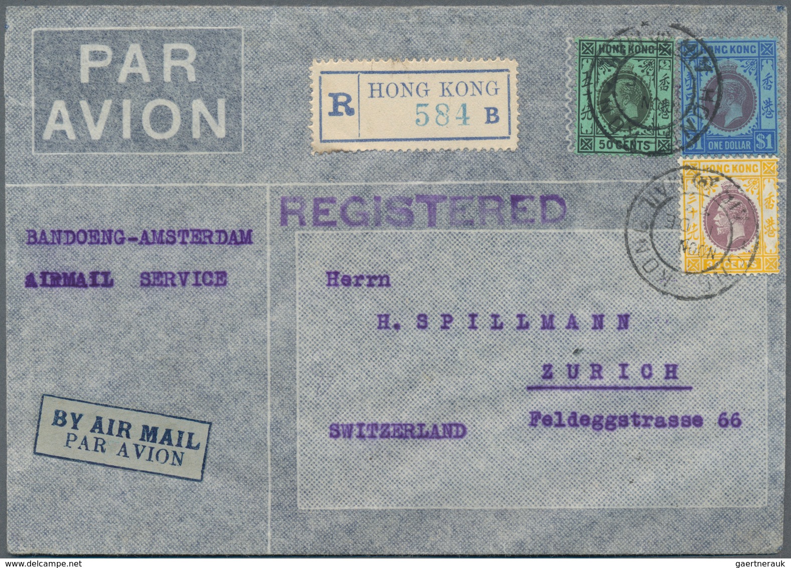Hongkong: 1921, KGV $1, 50 C. And 30 C. As $1.80 Frank Tied "HONG KONG AIR MAIL" To Registered Air M - Other & Unclassified