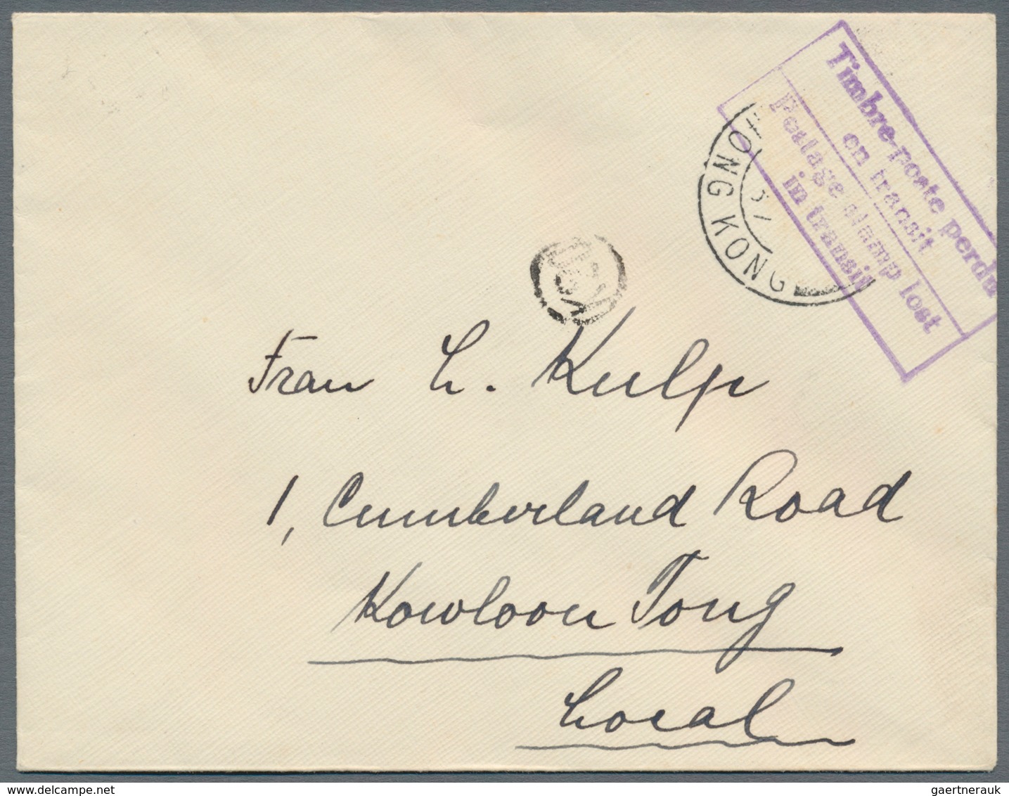 Hongkong: 1937 Small Hongkong Local Cover Bearing Part Strike Of Hong-Kong Double-ring Datestamp, St - Andere & Zonder Classificatie