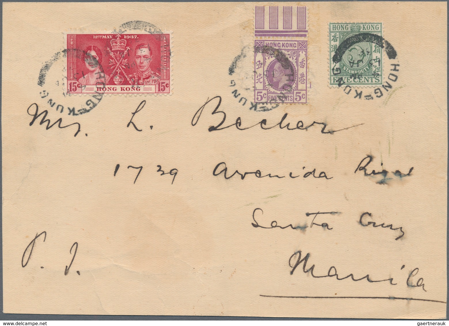 Hongkong: 1938, Postal Fiscal 5 C. With KGV 5 C. Violet Top Margin Copy And Wedding Comm. 15 C. Tied - Andere & Zonder Classificatie