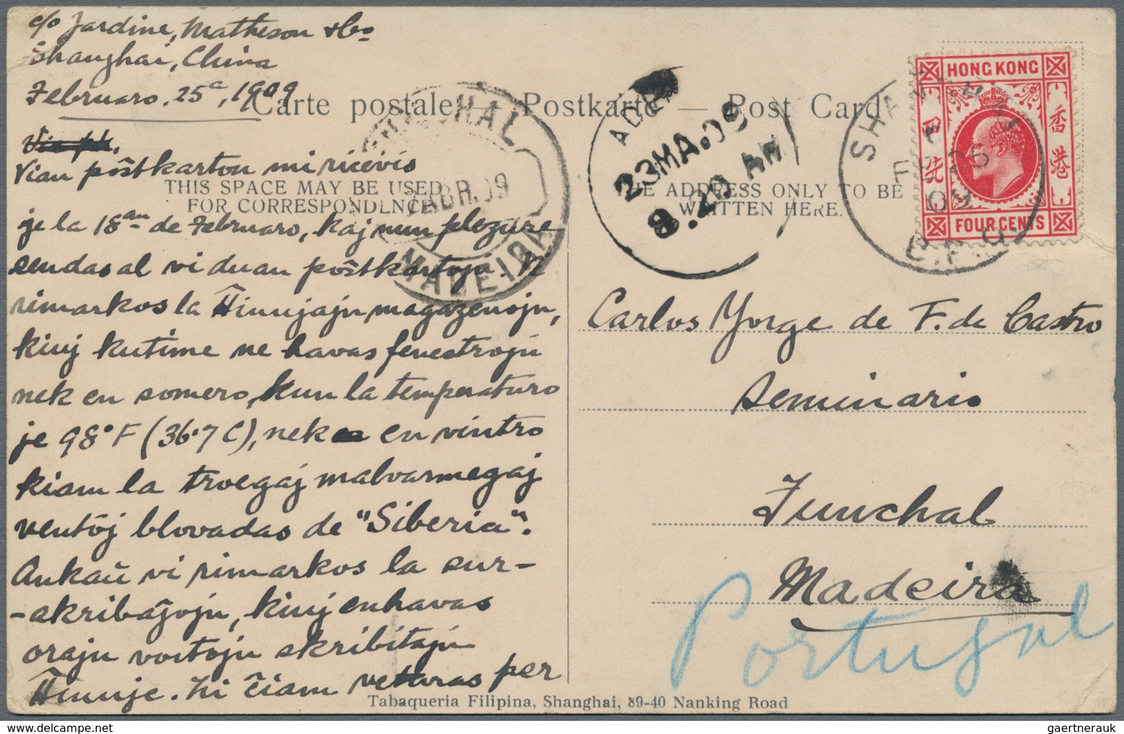 Hongkong - Britische Post In China: SHANGHAI 1909, 4c. Carmine-red On Ppc "NANGKING ROAD, SHANGHAI" - Covers & Documents