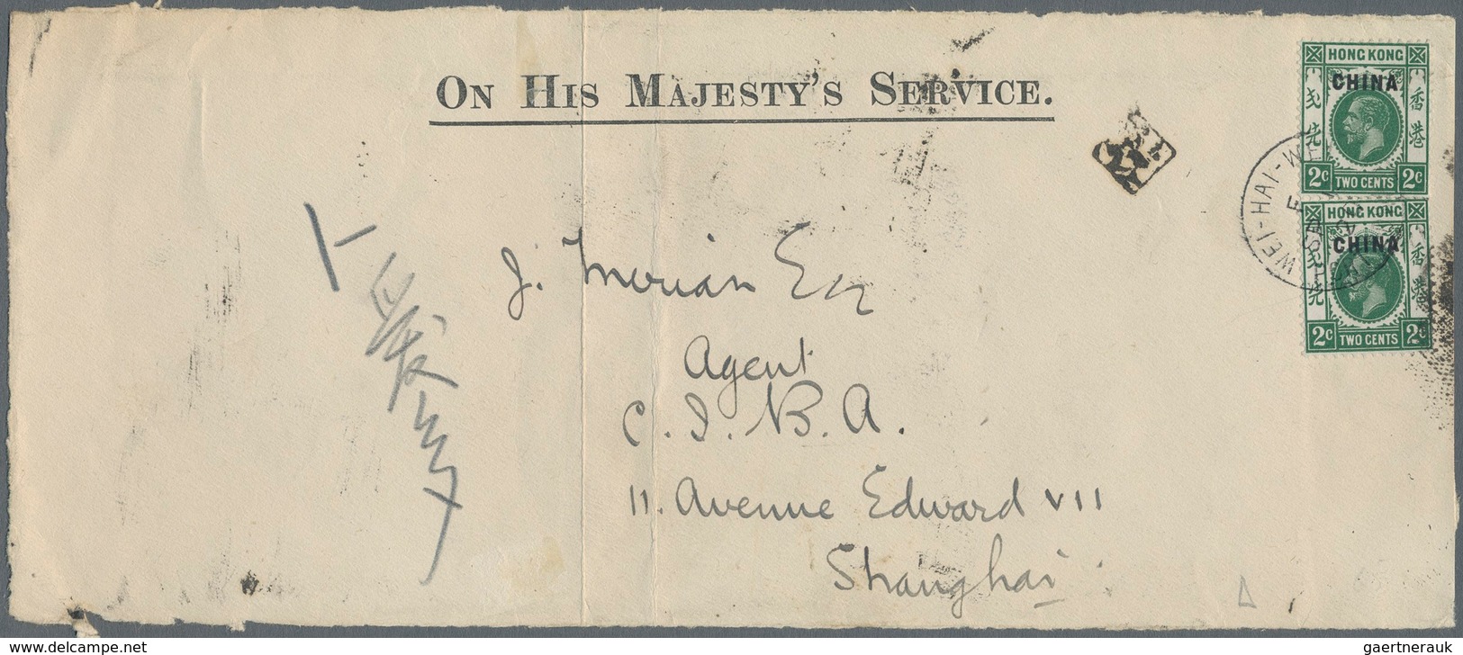 Hongkong - Britische Post In China: 1917, KGV 2 C. Green (2) Tied "WEI-HAI-WEI F SP 11 20" To Front - Lettres & Documents