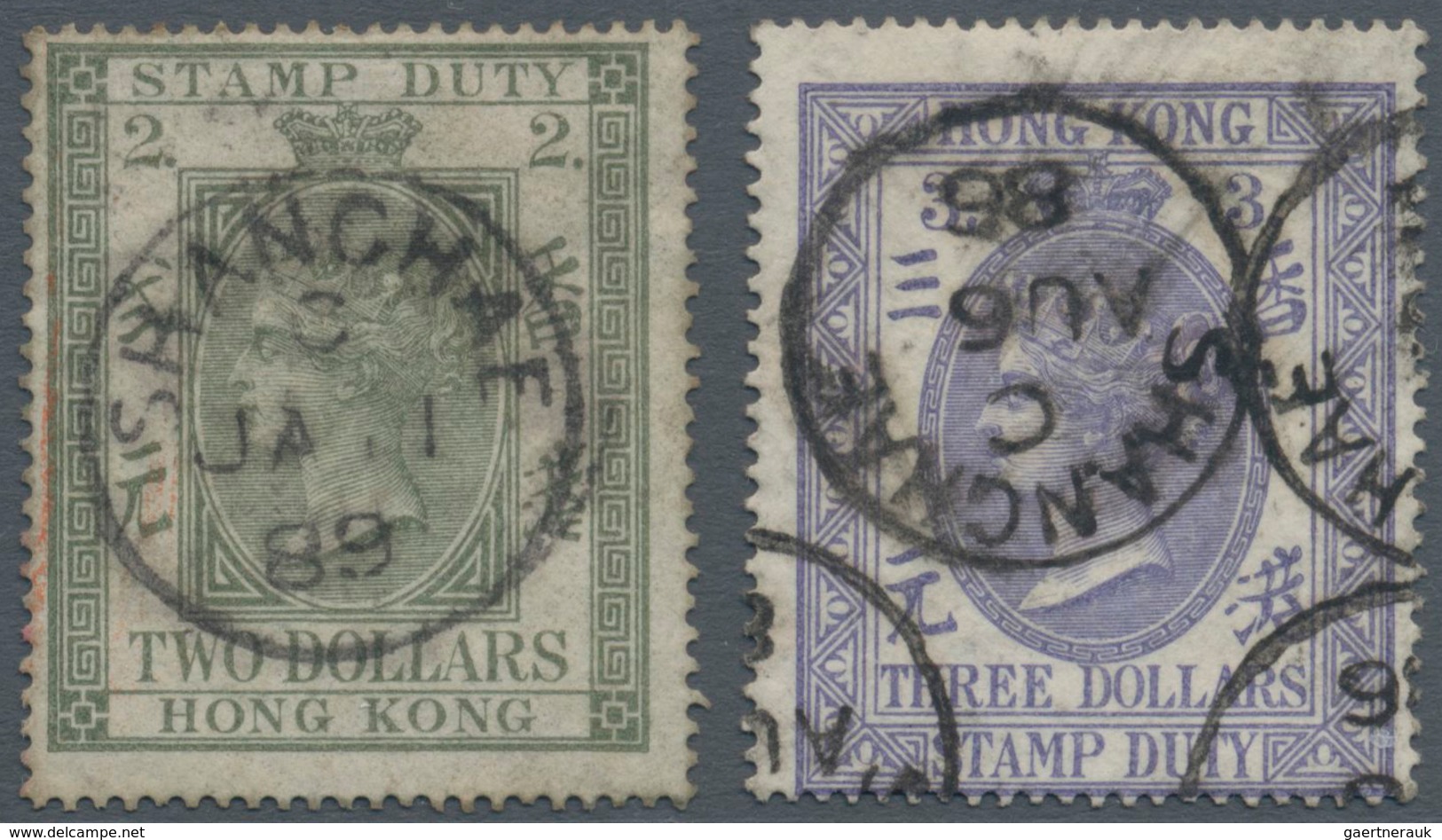 Hongkong - Treaty Ports: Shanghai, 1874, Postally Used Fiscals, $2 Olive Green And $3 Violet Ea. Cle - Other & Unclassified