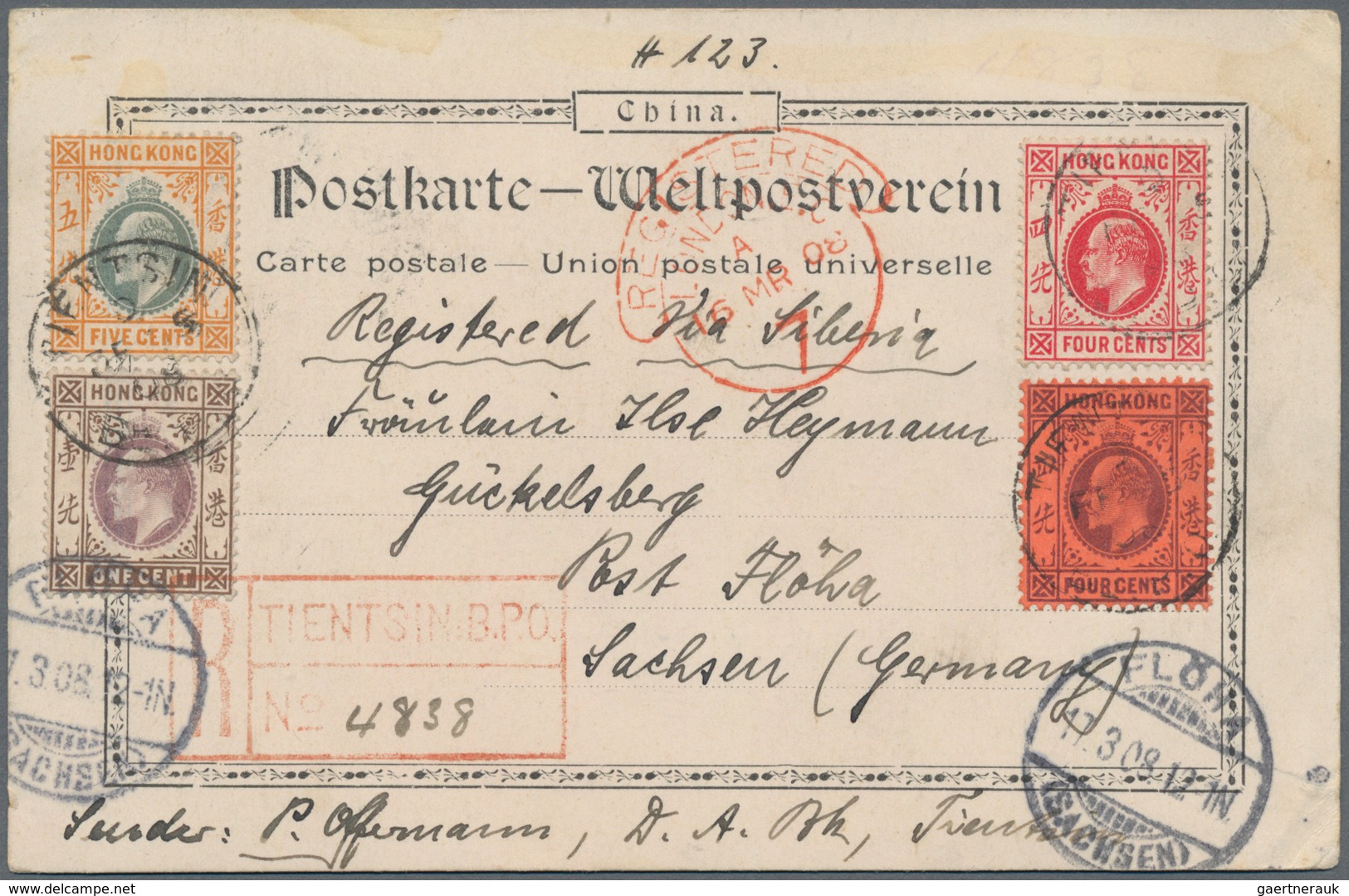 Hongkong - Treaty Ports: Tientsin, 1908, KEVII 4 C. Lilac On Red Resp. 4 C. Scarlet With 1 C., 5 C. - Andere & Zonder Classificatie