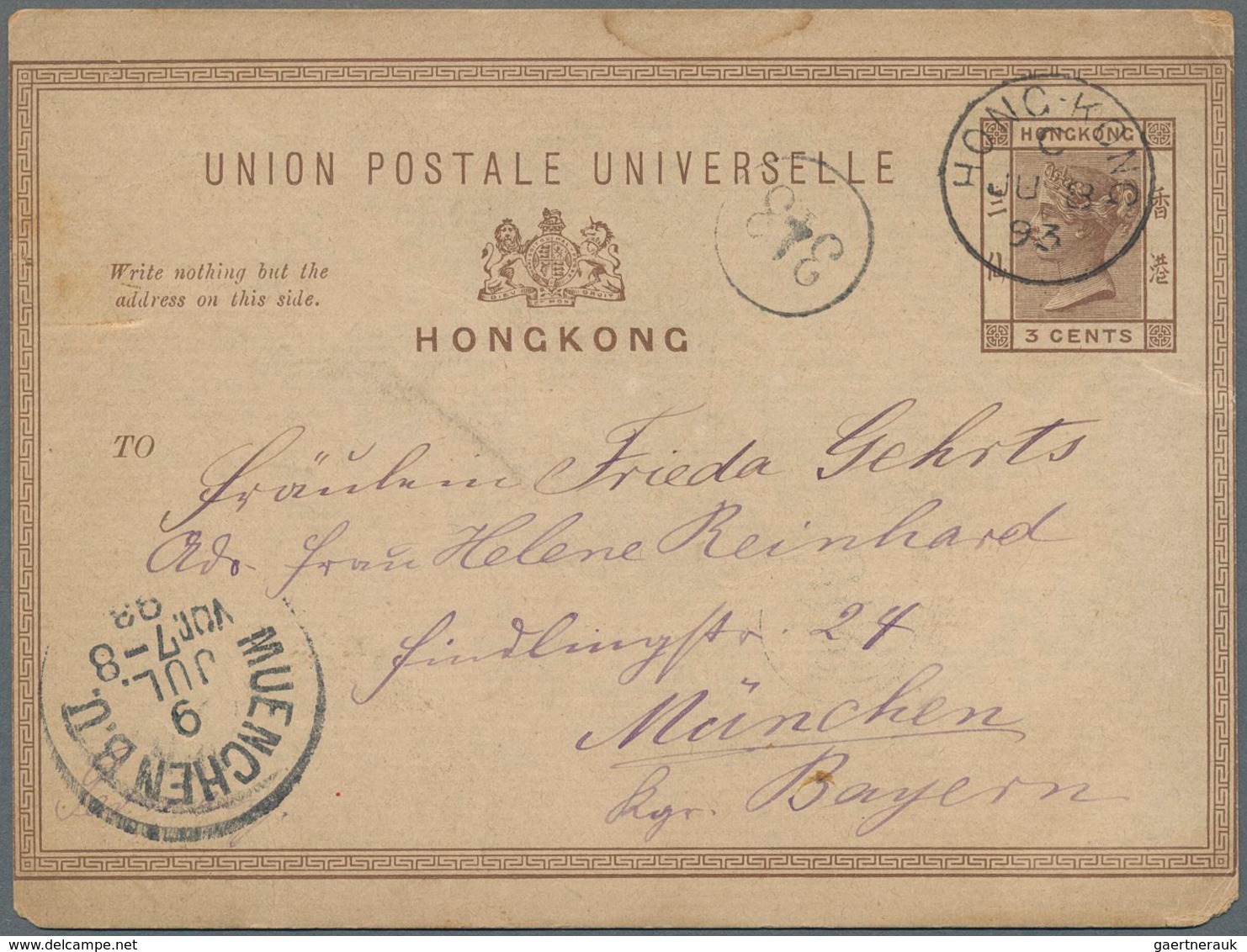 Hongkong - Ganzsachen: 1893/1899 Postal Stationery Cards 3c. Brown, Used From Hongkong To Munich, Ge - Postal Stationery