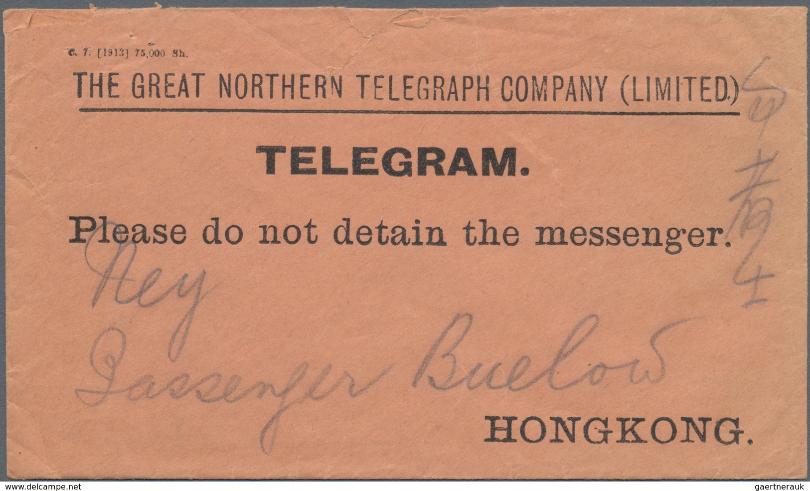 Hongkong - Besonderheiten: 1914, Telegram Envelope By Great Northern Telegraph Co. With Full Message - Andere & Zonder Classificatie