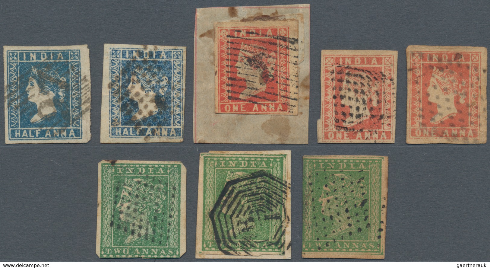 Indien: 1854 Group Of Two Singles ½a. Blue, Three Of 1a. Red (one On Piece) And Three 2a. Green (one - 1852 Sind Province