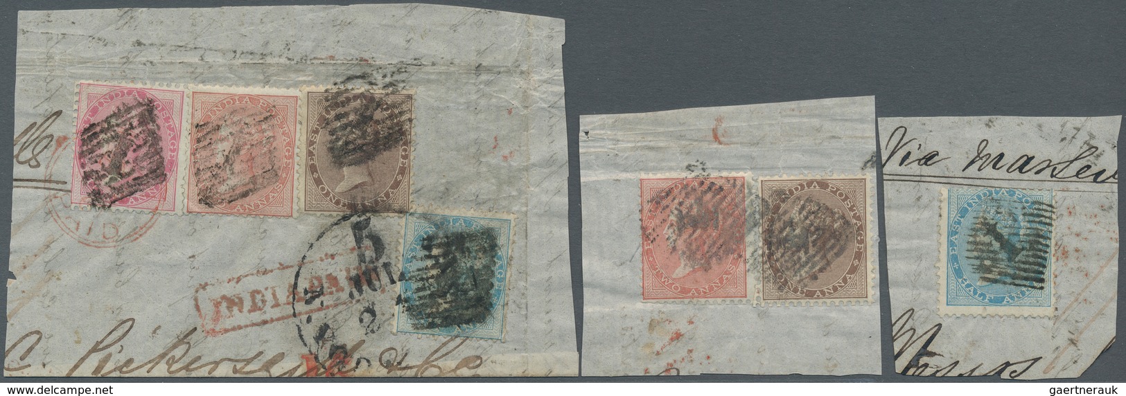 Indien: 1855-1864, Multi-colour franking fragments from a correspondence from India to the United St