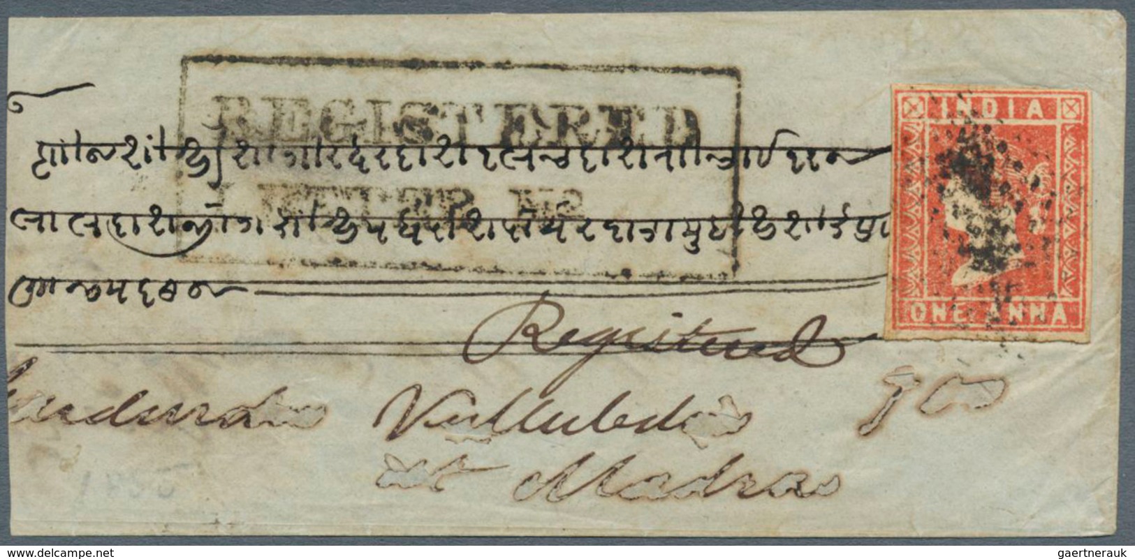 Indien: 1855 REGISTERED Cover From Bombay To Madras Franked By Lithographed 1a. Pale Red, Die II, Ti - 1852 Provincie Sind
