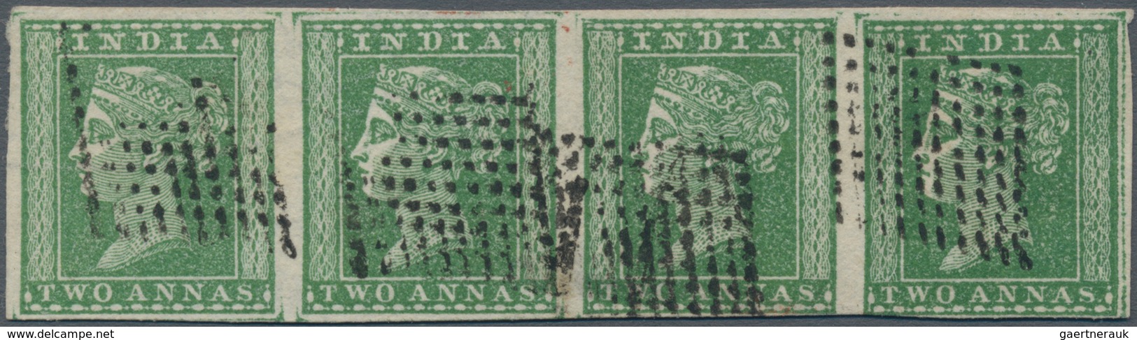 Indien: 1854 2a. Green Horizontal Strip Of Four, Sheet Pos. (in Row 8) 5-8, On Paper Showing Part Of - 1852 Sind Province