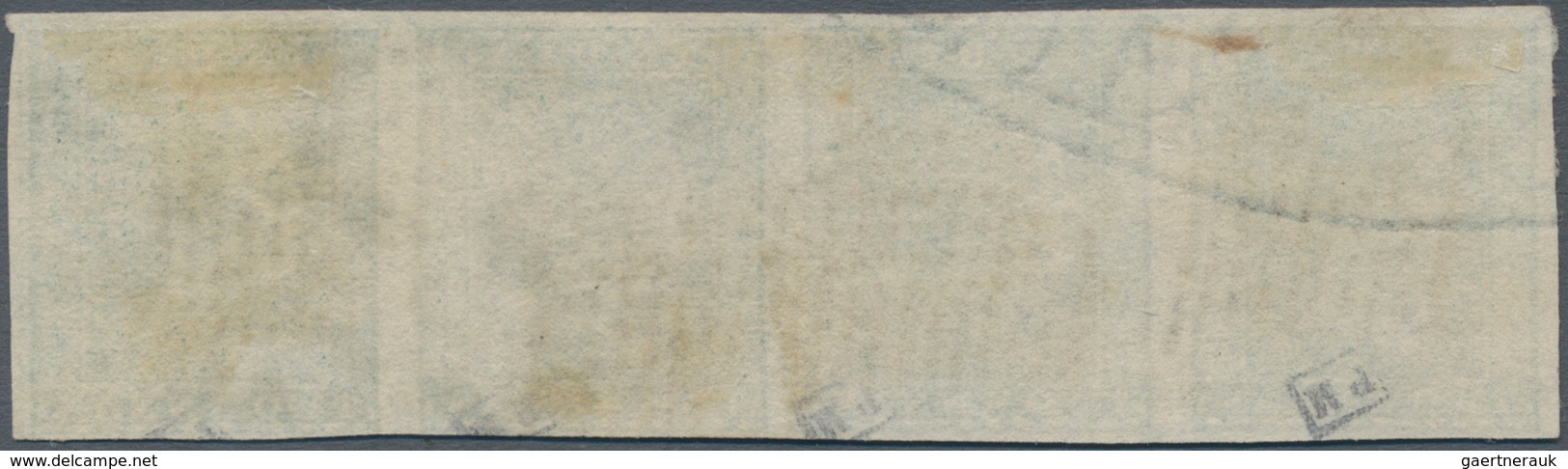 Indien: 1854 2a. Green Horizontal Strip Of Four, Sheet Pos. (in Row 8) 5-8, On Paper Showing Part Of - 1852 Sind Province