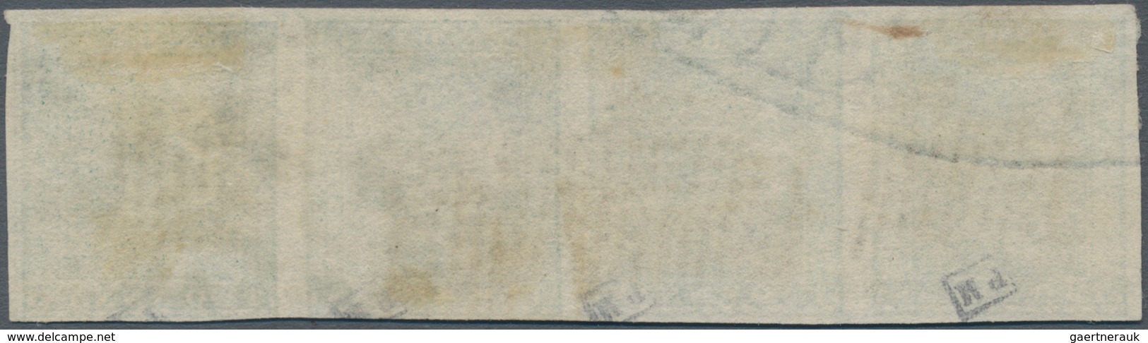 Indien: 1854 2a. Green Horizontal Strip Of Four, Sheet Pos. (in Row 8) 5-8, On Paper Showing Part Of - 1852 Provincie Sind