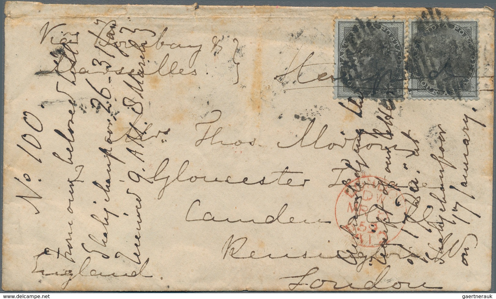 Indien: 1859, Two Pieces Of 4 D QV Black On Envelope From BOMBAY To London With Arrival Mark On Fron - 1852 Sind Province