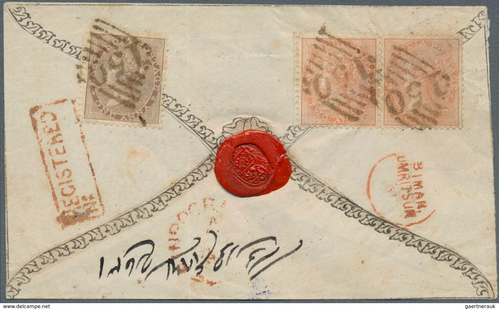 Indien: 1861 Small Ornamentic Envelope Used REGISTERED From Erinpoora To Umritsur, Franked On The Re - 1852 Provincie Sind