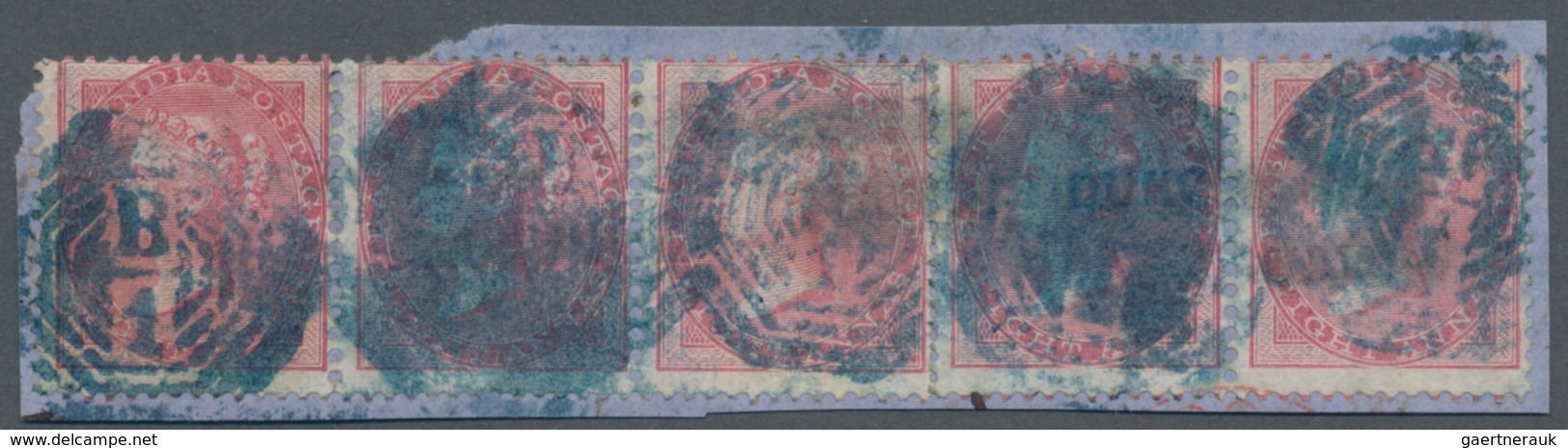 Indien: 1856, 8a. Pale Carmine Horizontal Strip Of Five, Die I, Used On Small Piece Of Bluish Envelo - 1852 Sind Province