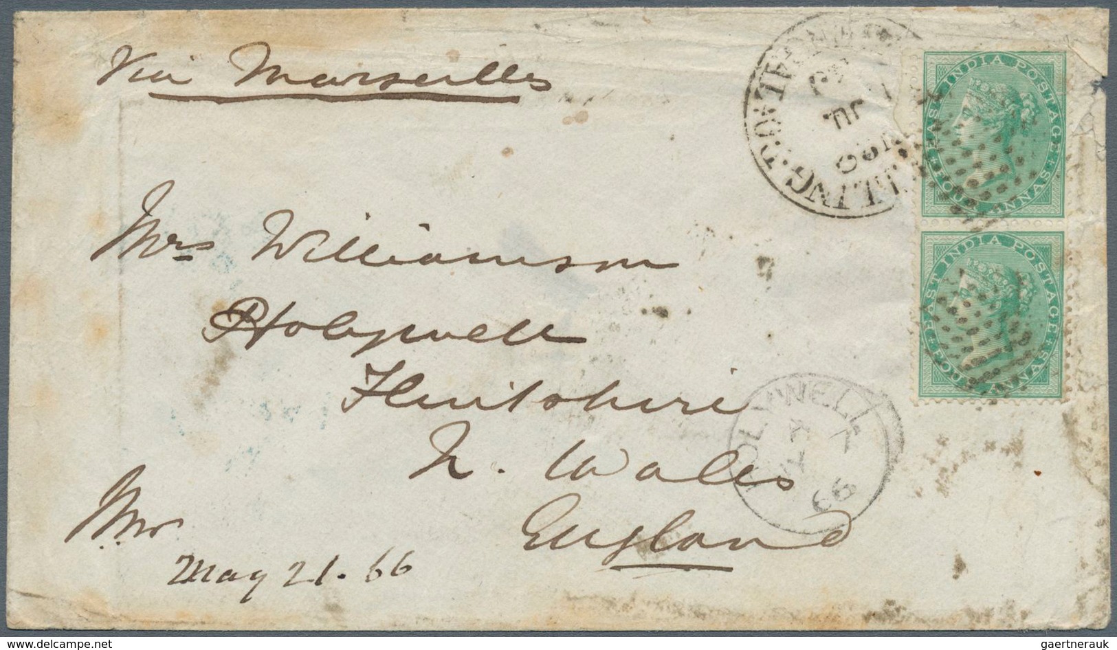 Indien: 1865 QV 4a. Green, Wmk 'Elephant', Vertical Pair Used On 1866 Cover From Doobree To Hobywell - 1852 Provincie Sind