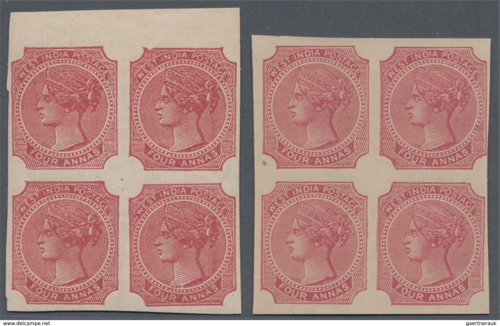 Indien: 1866 McQuorquodale West India Essay 4a., Top Marginal Block Of Four In Deep Lake On Gummed P - 1852 Sind Province