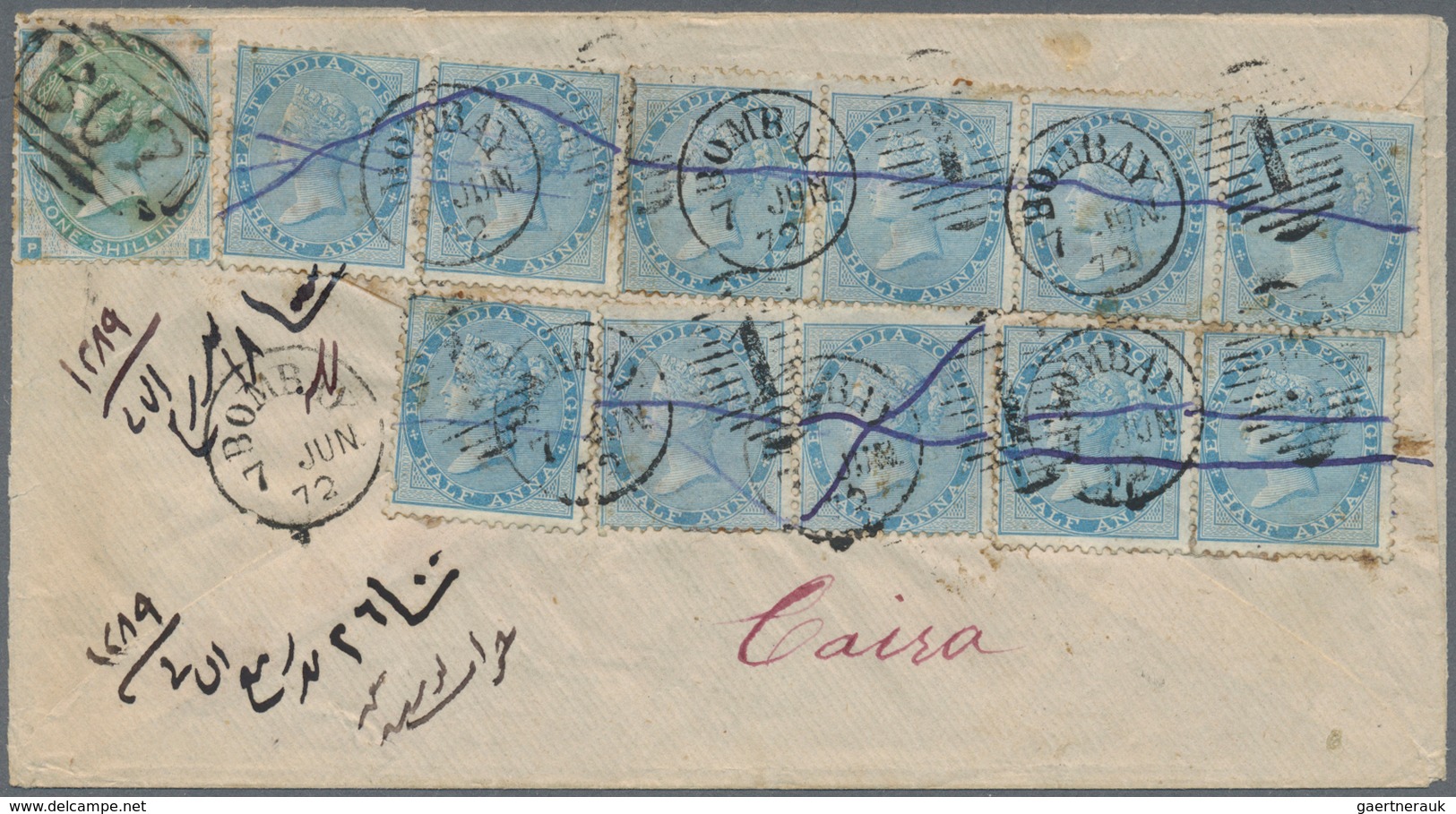 Indien: 1872 Cover From Bombay To Cairo, Egypt Via Suez, Franked On The Reverse By Eleven ½a. Pale B - 1852 Provincie Sind