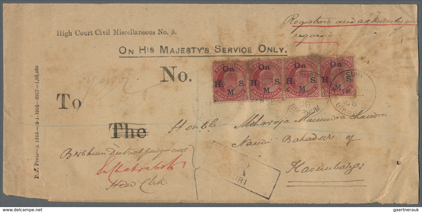 Indien: 1902-09: Five Covers (three Officials, Three Registered) To The Honorable Maharaja Manindra - 1852 Provincia De Sind