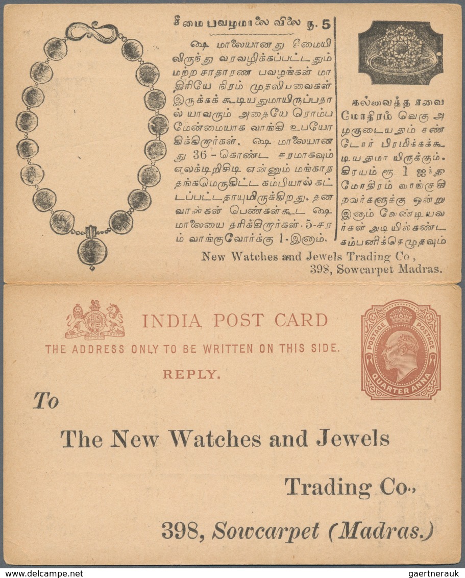 Indien: 1902-10: Four unusual covers and postcards, with 1) KEVII. p/s double card ¼+¼a. with advert