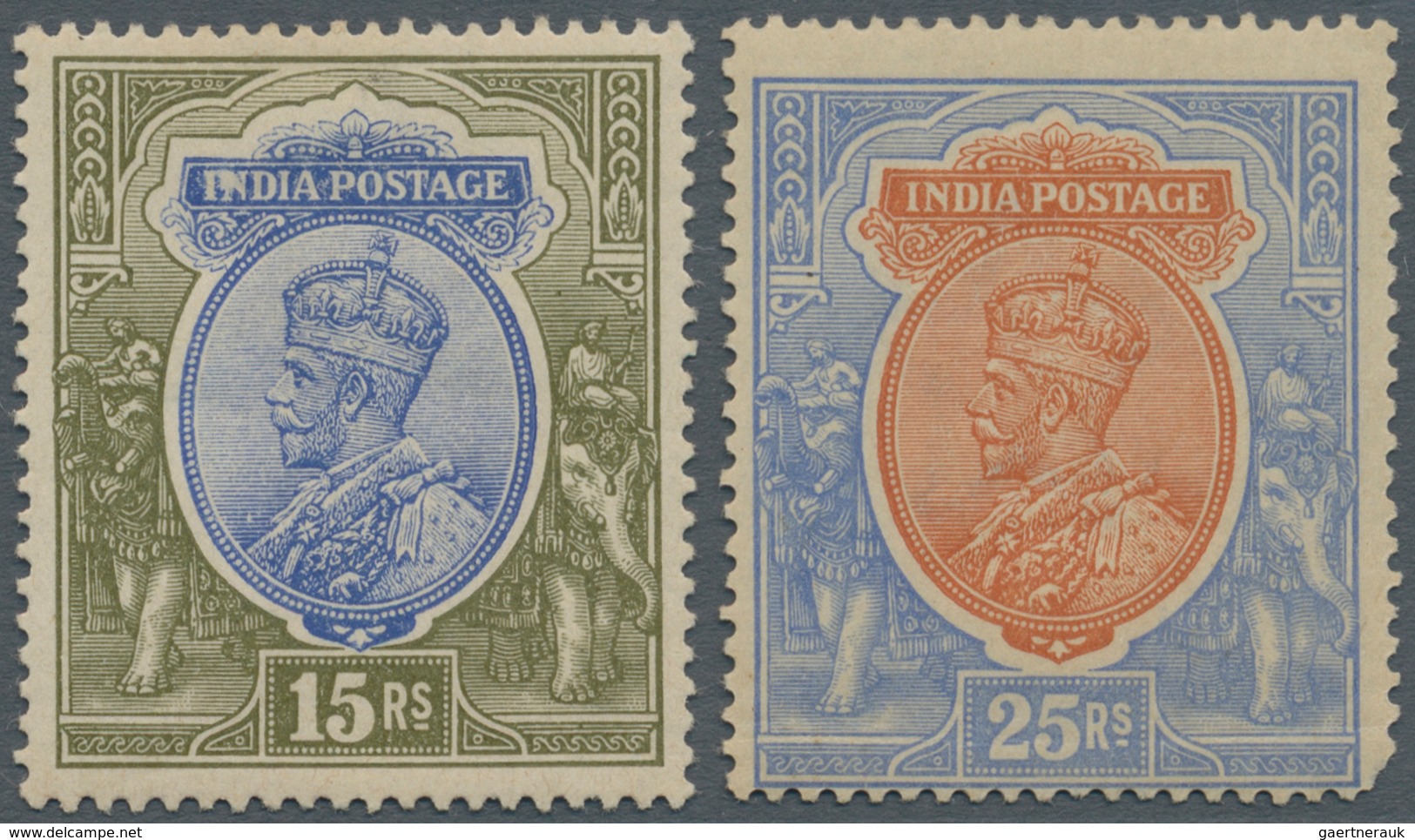 Indien: 1911-23 KGV. 15r. Blue & Olive And 25r. Orange & Blue Both Mint Lightly Hinged. The 25r. Wit - 1852 Sind Province