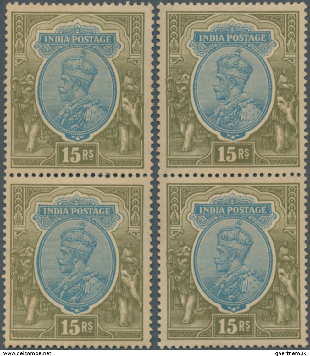 Indien: 1926-33 KGV. 15r. Blue & Olive Two Vertical Pairs, One With Wmk Mult Star Upright, The Other - 1852 Sind Province