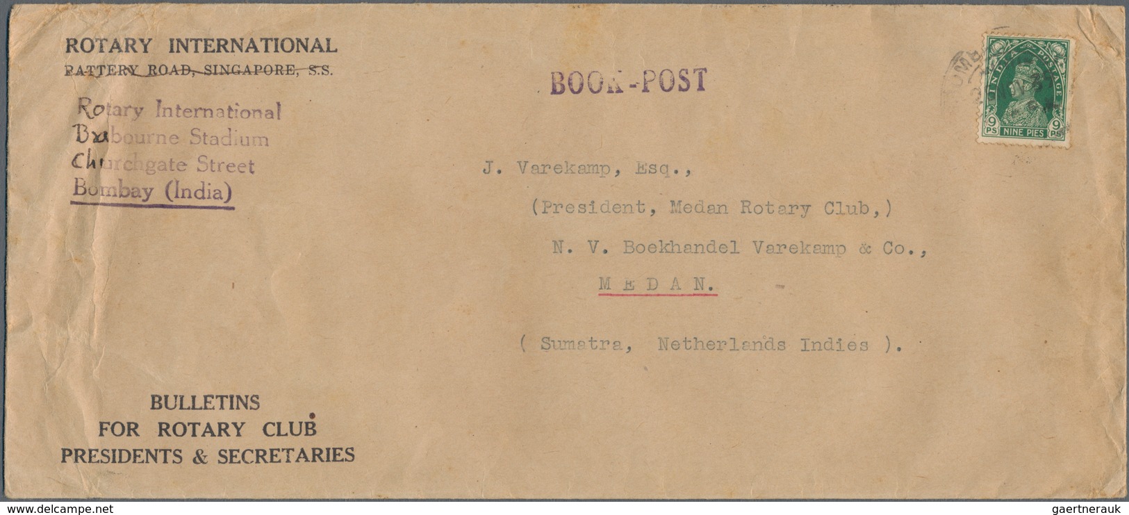 Indien: 1939. Envelope Headed 'Book Post' Written From The 'Bombay Rotary Club' Addressed To Medan, - 1852 Sind Province