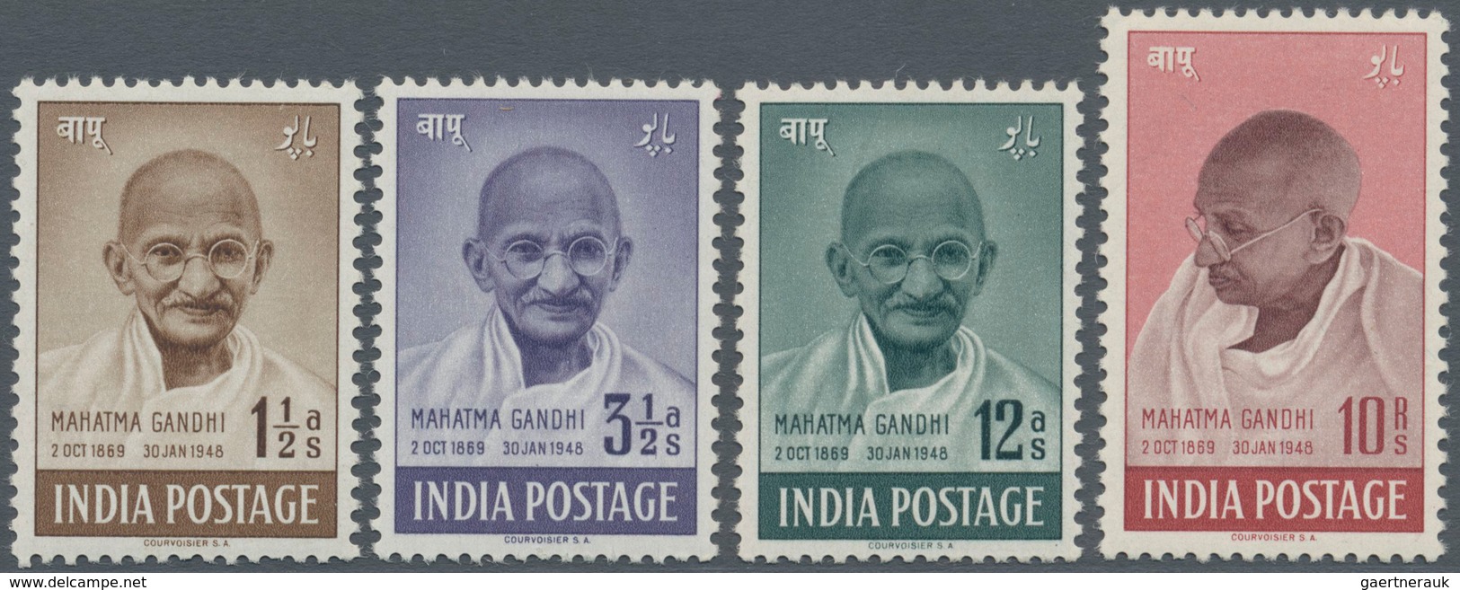 Indien: 1948, Mahatma Gandhi Complete Set To 10r. Mint Lightly Hinged (12a. Minor Ink Flaws On Gum), - 1852 Provincie Sind