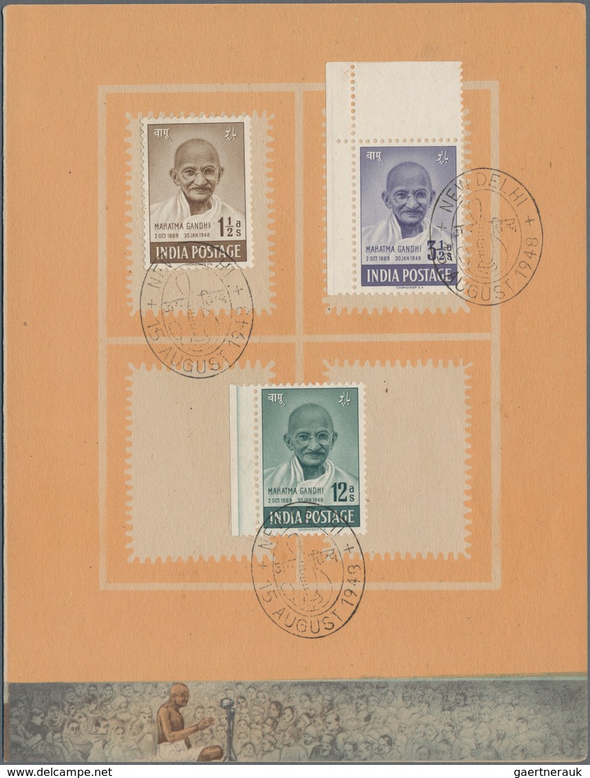 Indien: 1948, FDC, GANDHI Short Set Mounted On Leaves In A Special PRESENTATION FOLDER With First Da - 1852 Provinz Von Sind