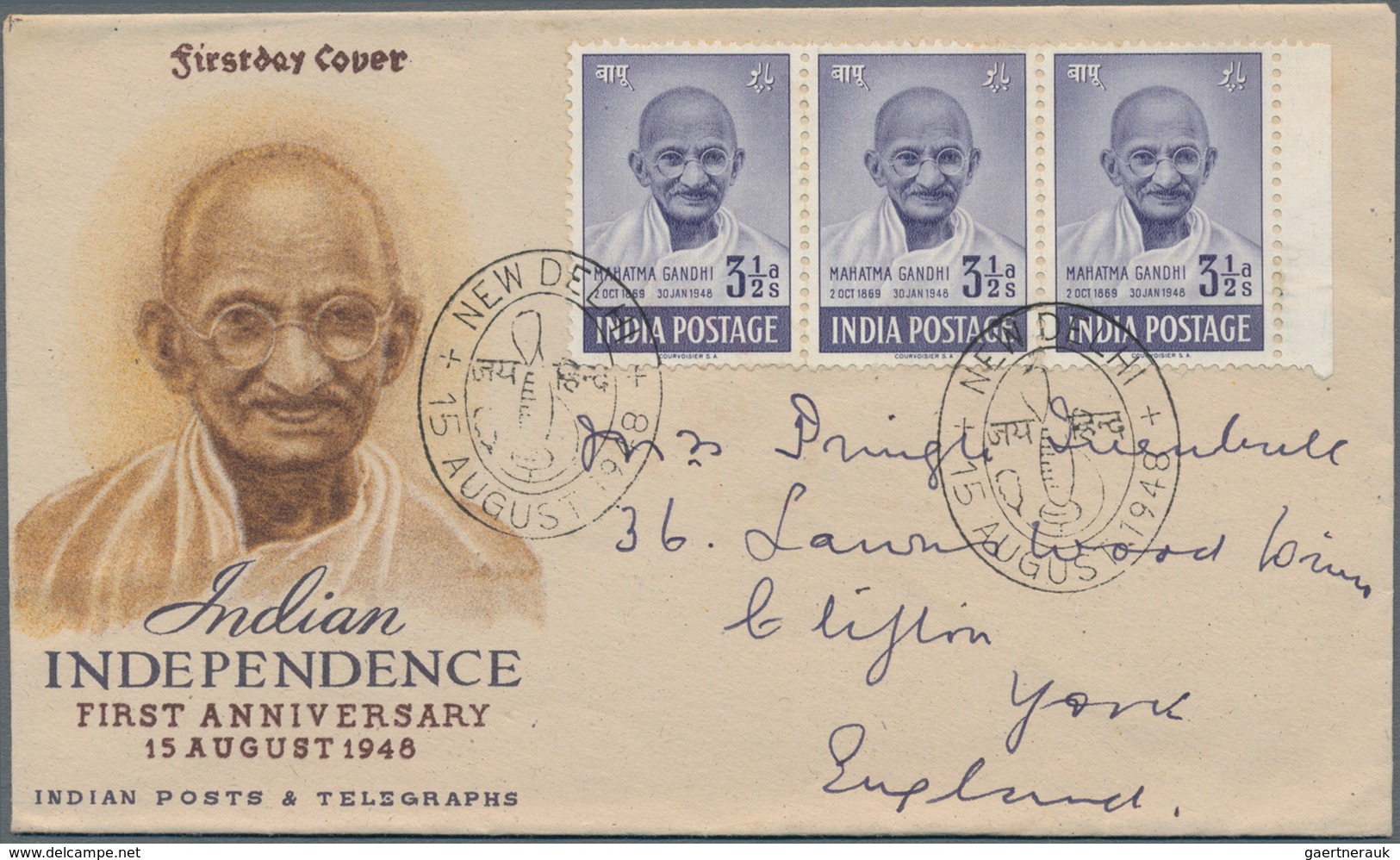Indien: 1948, FDC, GANDHI 3 1/2 A. Strip Of Three On Illustrated Gandhi First Day Cover To England. - 1852 Sind Province