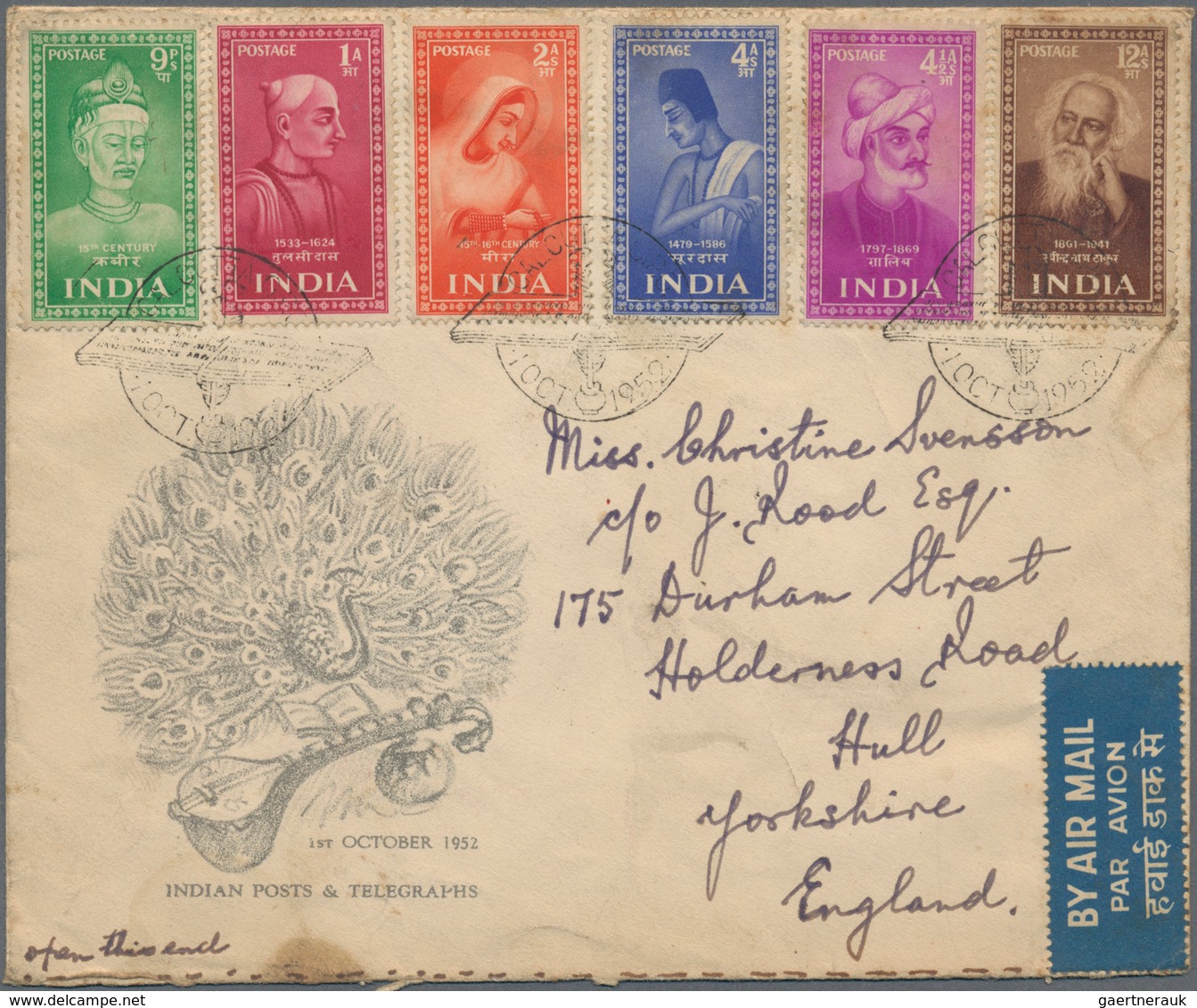 Indien: 1952 (1 Oct.): Saints & Poets Complete Set On Illustrated FDC Addressed To England, Tied By - 1852 Sind Province