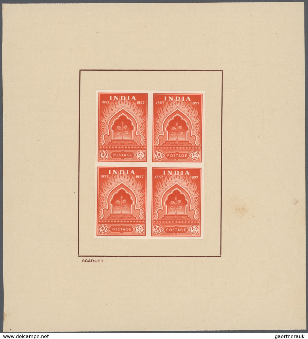 Indien: 1957 Mutiny Centenary 90n.p., Imperforated Colour Trials On Watermarked Paper, Four Blocks O - 1852 Sind Province