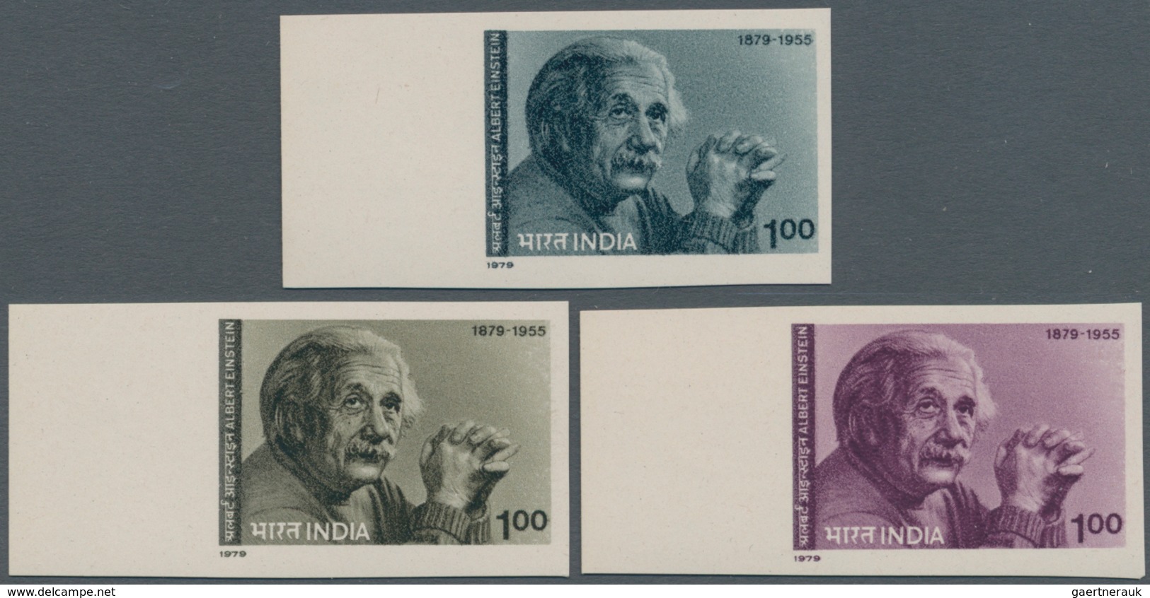 Indien: 1979, Einstein Centenary, 3 Colour Proofs In Sepia Purple And Gray Blue, Imperforate On Thic - 1852 Sind Province