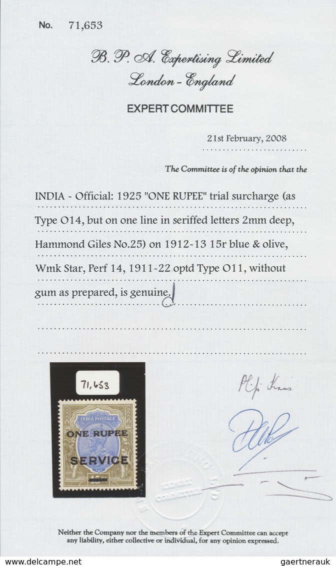 Indien - Dienstmarken: 1925 "ONE RUPEE" Trial Surcharge (as Type O14, But On One Line In Seriffed Le - Official Stamps