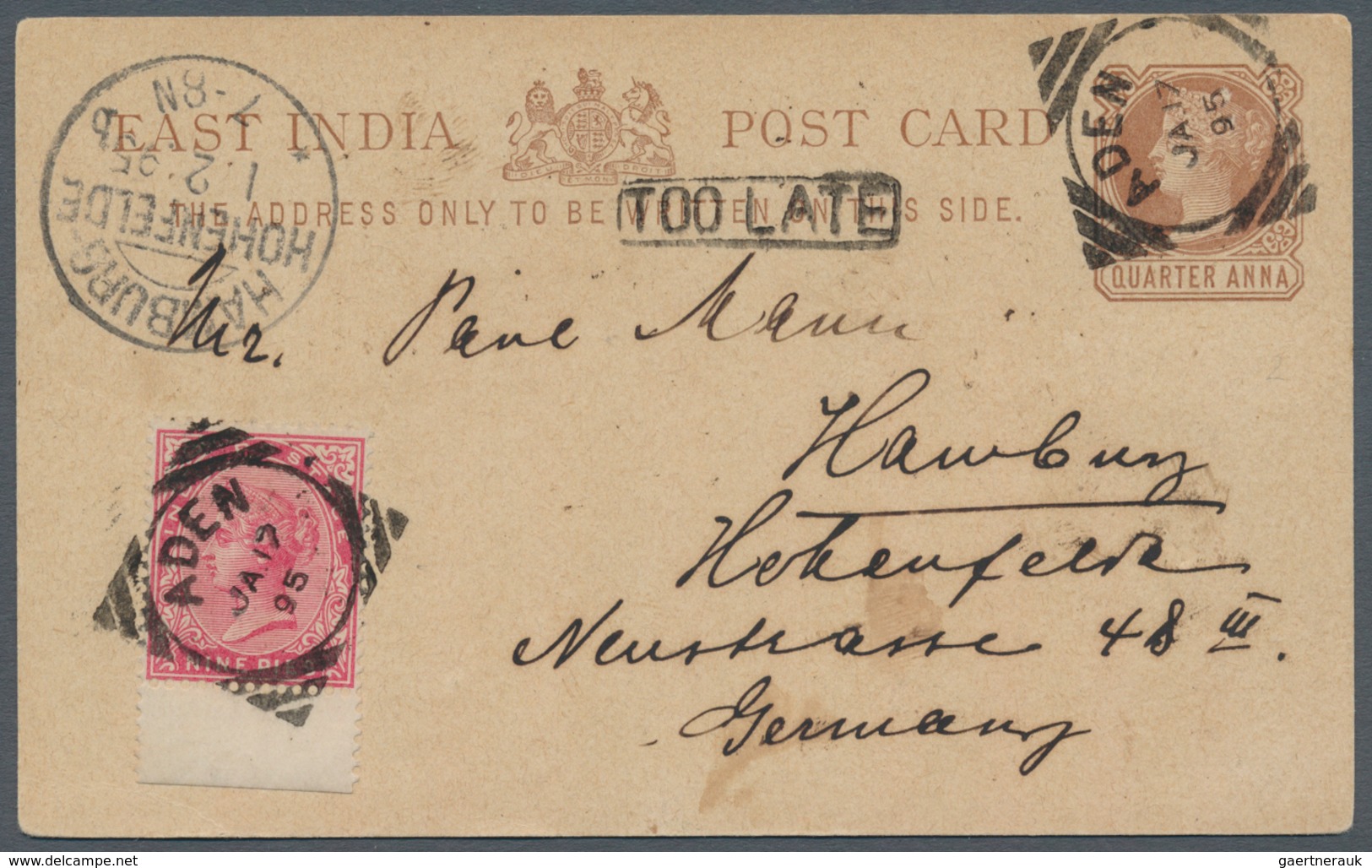 Indien - Used Abroad: ADEN 1895, Postal Stationery Card ¼a. Brown, Upgraded By Bottom Marginal Singl - Andere & Zonder Classificatie