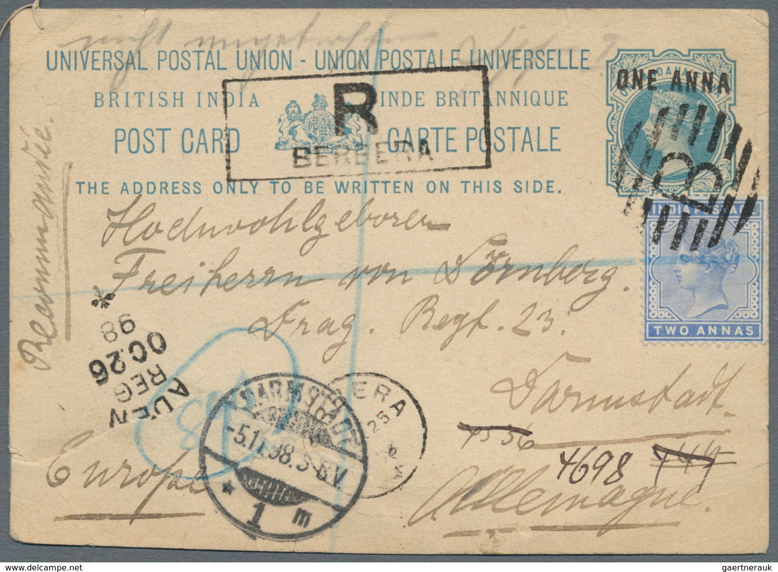 Indien - Used Abroad: BRITISH SOMALILAND 1898: Indian P/s Card 1a On 1½a. Blue Used REGISTERED From - Sonstige & Ohne Zuordnung